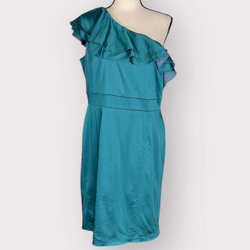 Antonio Melani Sheath Dress Women's Size 12 Teal Blue Satin One Shoulder Ruffle